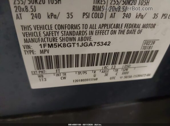 1FM5K8GT1JGA75342 2018 FORD FORD EXPLORER Blue Вид підкапотного простору
