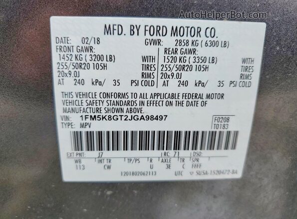 1FM5K8GT2JGA98497 2018 FORD FORD EXPLORER Gray 