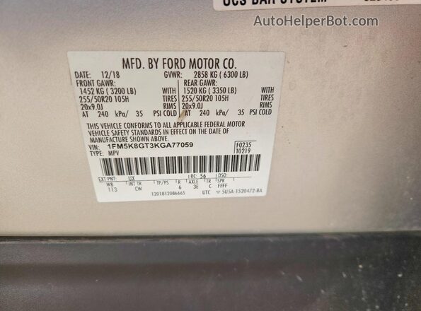 1FM5K8GT3KGA77059 2019 FORD EXPLORER Silver VIN կոդի պիտակի տեսք