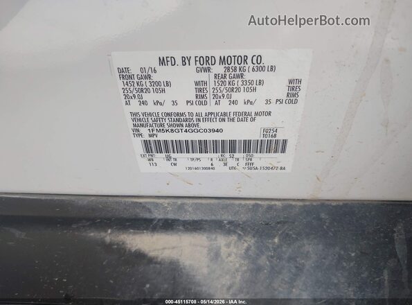 1FM5K8GT4GGC03940 2016 FORD EXPLORER White Շարժիչի բաժամունքի տեսք