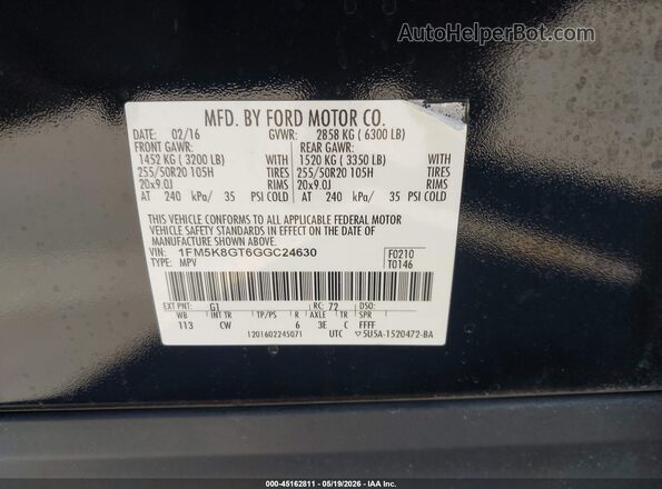1FM5K8GT6GGC24630 2016 FORD EXPLORER Black ძრავის განყოფილების ხედი