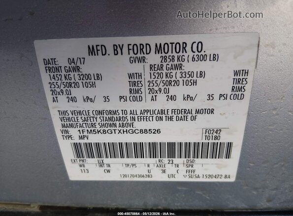 1FM5K8GTXHGC88526 2017 FORD FORD EXPLORER Silver Вид підкапотного простору