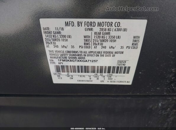 1FM5K8GTXKGA71257 2019 FORD FORD EXPLORER Gray 