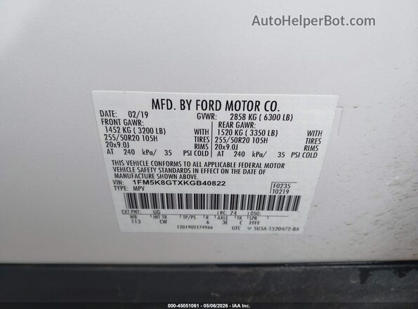 1FM5K8GTXKGB40822 2019 FORD FORD EXPLORER White Widok komory silnika