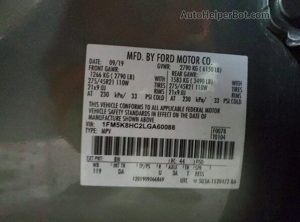 1FM5K8HC2LGA60088 2020 FORD FORD EXPLORER Gray Vista de la etiqueta del VIN