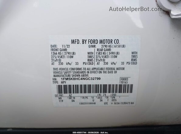 1FM5K8HC4NGC32799 2022 FORD FORD EXPLORER White ძრავის განყოფილების ხედი