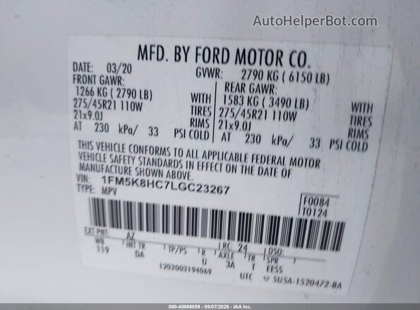 1FM5K8HC7LGC23267 2020 FORD FORD EXPLORER White ძრავის განყოფილების ხედი
