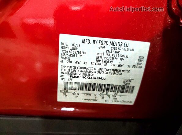 1FM5K8HCXLGA59433 2020 FORD EXPLORER Красный 
