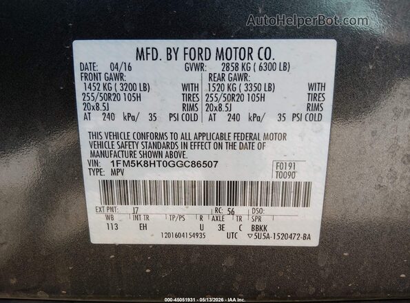 1FM5K8HT0GGC86507 2016 FORD EXPLORER Gray Vista del compartimento del motor