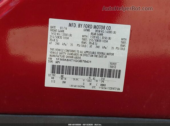 1FM5K8HT1GGB78431 2016 FORD EXPLORER Red ძრავის განყოფილების ხედი