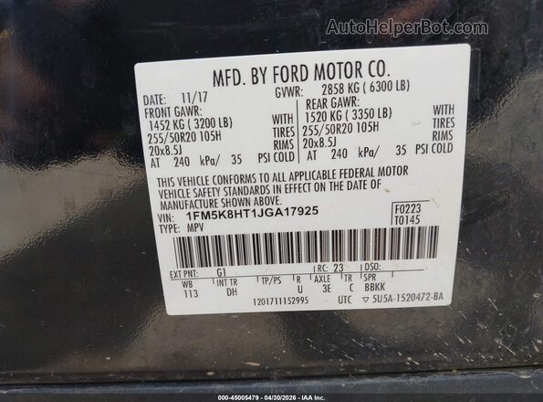 1FM5K8HT1JGA17925 2018 FORD FORD EXPLORER Black Vista del compartimento del motor
