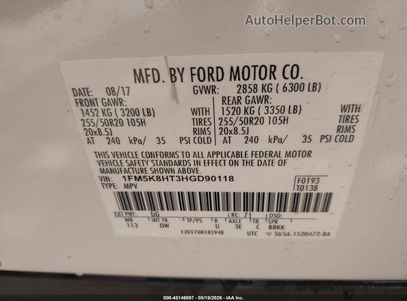 1FM5K8HT3HGD90118 2017 FORD EXPLORER White Widok komory silnika