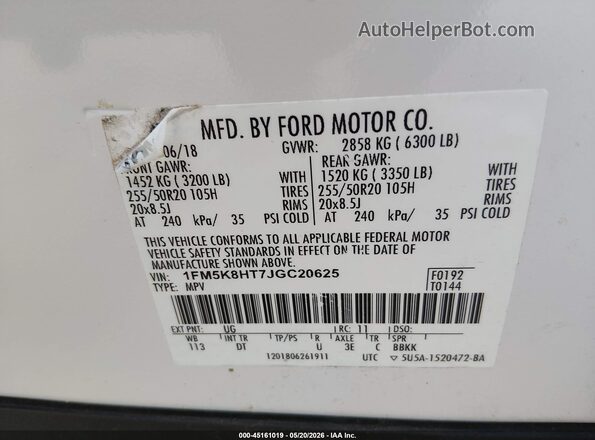 1FM5K8HT7JGC20625 2018 FORD EXPLORER Белый Вид подкапотного пространства