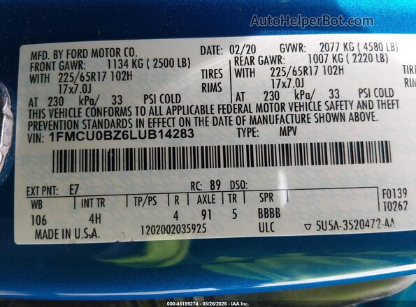 1FMCU0BZ6LUB14283 2020 FORD ESCAPE Blue Engine compartment view