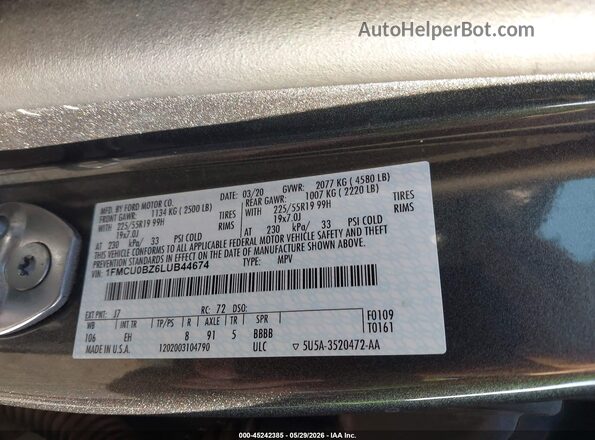 1FMCU0BZ6LUB44674 2020 FORD ESCAPE Gray ძრავის განყოფილების ხედი