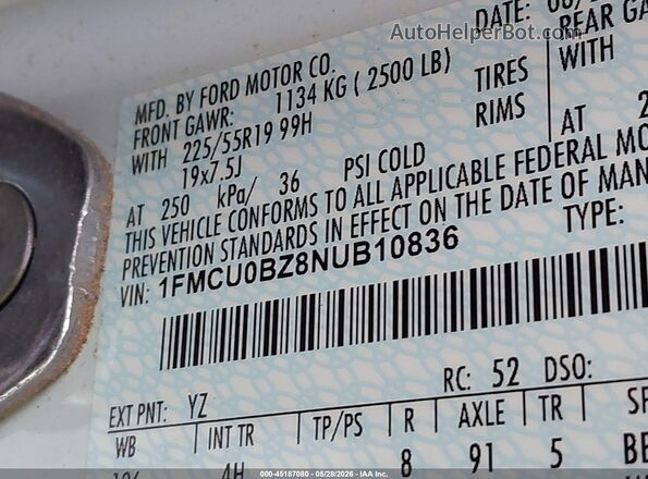 1FMCU0BZ8NUB10836 2022 FORD ESCAPE White Вид підкапотного простору