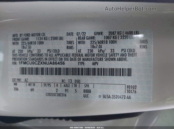 1FMCU0CZXNUA86456 2022 FORD ESCAPE White 