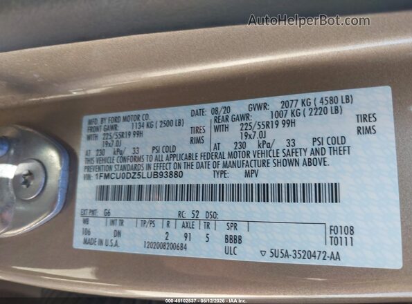 1FMCU0DZ5LUB93880 2020 FORD ESCAPE Beige Widok komory silnika