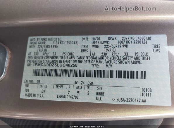 1FMCU0DZ5LUC40258 2020 FORD ESCAPE Gold 