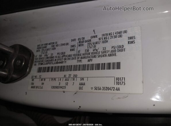 1FMCU0F61LUB44811 2020 FORD ESCAPE Белый Вид подкапотного пространства