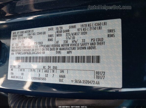 1FMCU0F62LUC20519 2020 FORD ESCAPE Blue 