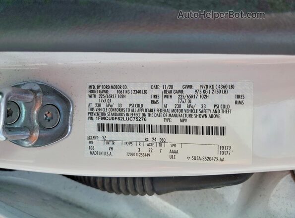 1FMCU0F62LUC75276 2020 FORD ESCAPE Белый Вид подкапотного пространства