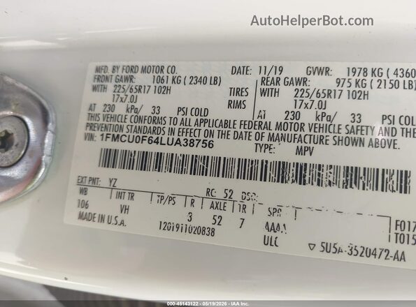 1FMCU0F64LUA38756 2020 FORD ESCAPE White Շարժիչի բաժամունքի տեսք