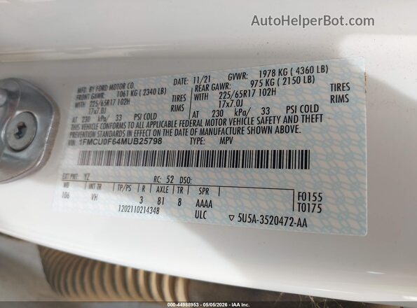 1FMCU0F64MUB25798 2021 FORD ESCAPE Blue Engine compartment view