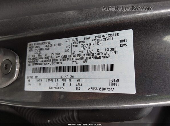 1FMCU0F64NUB62089 2022 FORD ESCAPE Gray Vista del compartimento del motor
