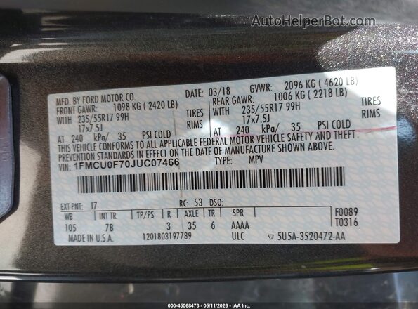 1FMCU0F70JUC07466 2018 FORD ESCAPE Gray Вид підкапотного простору