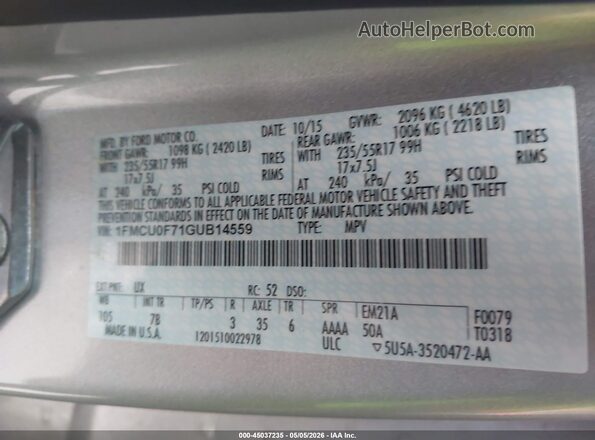 1FMCU0F71GUB14559 2016 FORD ESCAPE Серый 