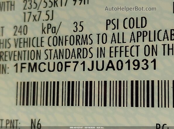 1FMCU0F71JUA01931 2018 FORD ESCAPE Blue Vista del compartimento del motor