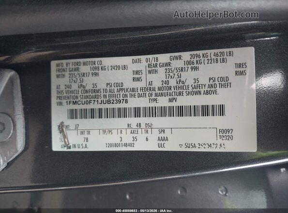 1FMCU0F71JUB23978 2018 FORD ESCAPE Gray Вид підкапотного простору