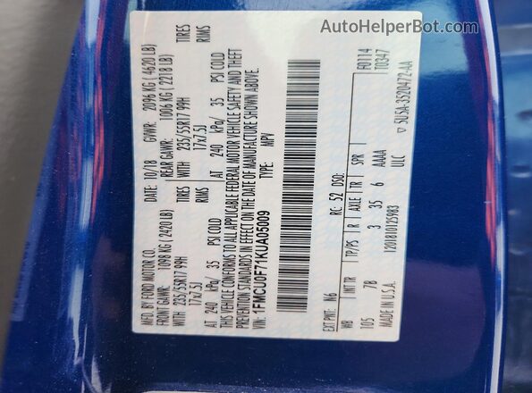 1FMCU0F71KUA05009 2019 FORD ESCAPE Blue 