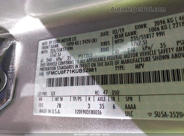 1FMCU0F71KUB52981 2019 FORD ESCAPE Silver Vista del compartimento del motor