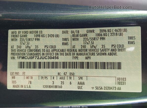 1FMCU0F72JUC30456 2018 FORD ESCAPE Blue ძრავის განყოფილების ხედი