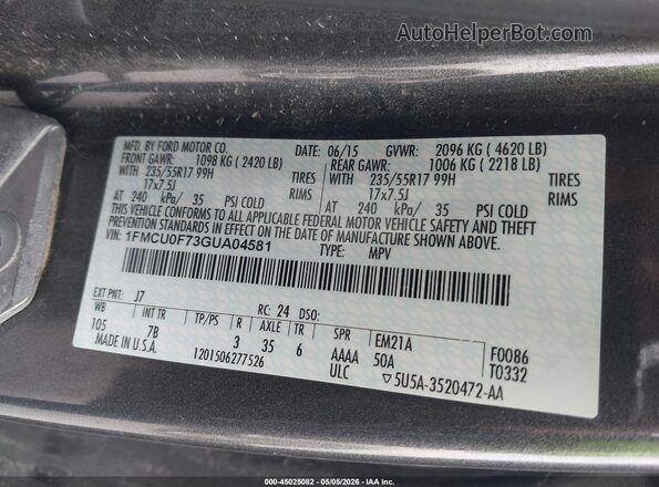 1FMCU0F73GUA04581 2016 FORD ESCAPE Gray ძრავის განყოფილების ხედი