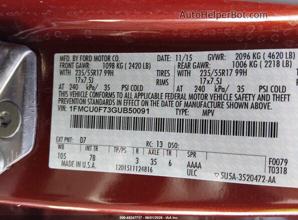 1FMCU0F73GUB50091 2016 FORD ESCAPE Burgundy 