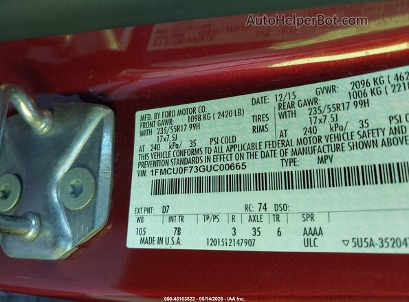 1FMCU0F73GUC00665 2016 FORD ESCAPE Maroon Vista del compartimento del motor