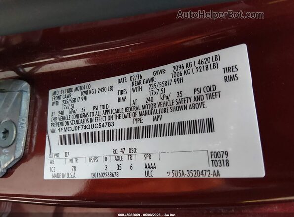 1FMCU0F74GUC54783 2016 FORD ESCAPE Красный 