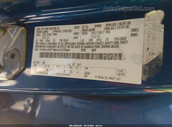 1FMCU0F74HUC37841 2017 FORD ESCAPE Blue ძრავის განყოფილების ხედი