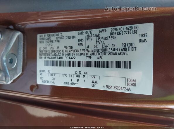 1FMCU0F74HUD91322 2017 FORD ESCAPE Brown Widok komory silnika