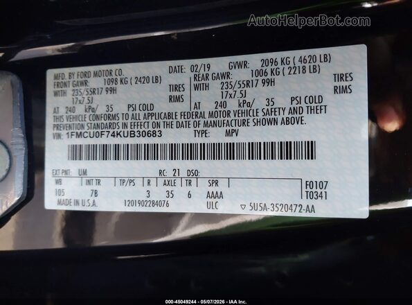 1FMCU0F74KUB30683 2019 FORD ESCAPE Black 