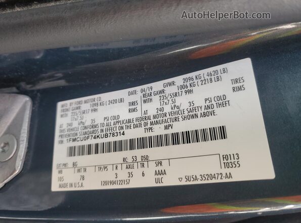 1FMCU0F74KUB78314 2019 FORD ESCAPE Синий Вид подкапотного пространства