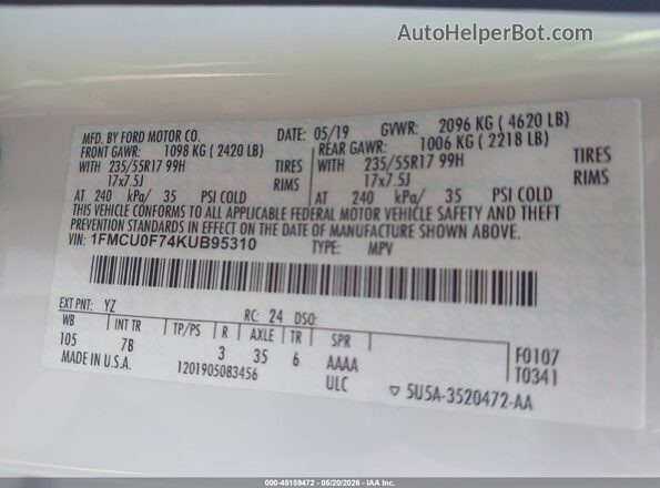 1FMCU0F74KUB95310 2019 FORD ESCAPE White Вид підкапотного простору