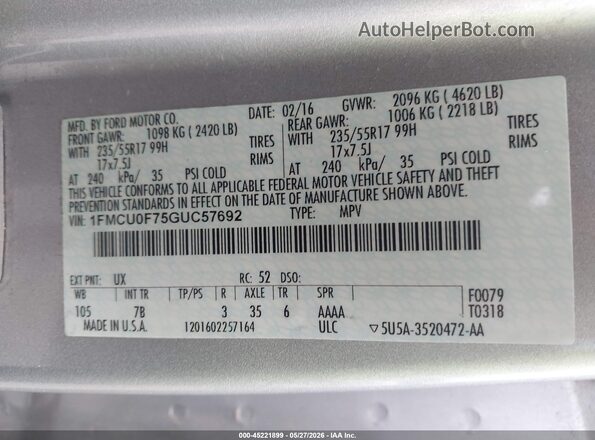 1FMCU0F75GUC57692 2016 FORD ESCAPE Серебряный Вид подкапотного пространства