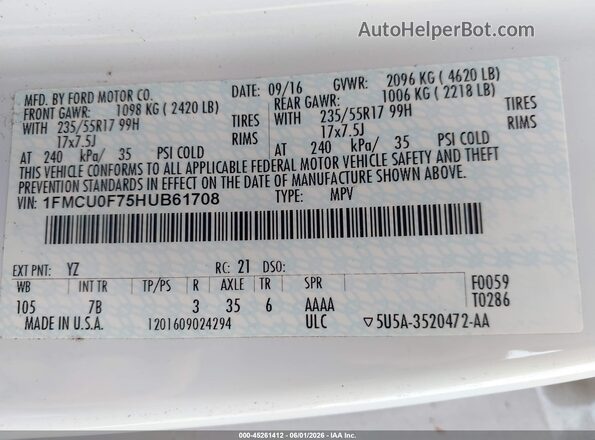 1FMCU0F75HUB61708 2017 FORD ESCAPE White 