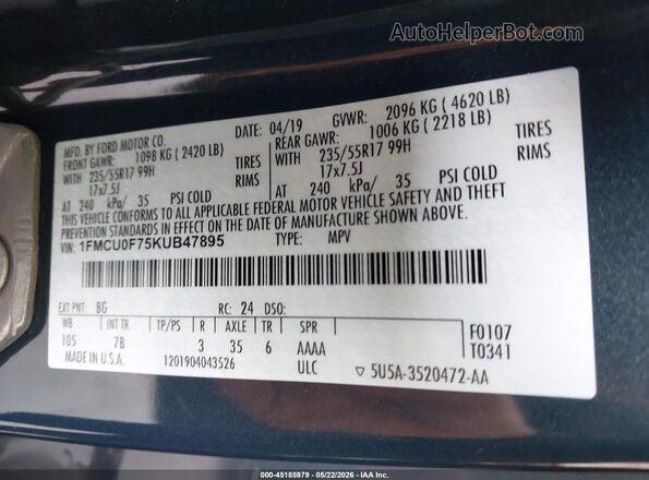 1FMCU0F75KUB47895 2019 FORD ESCAPE Синий Вид подкапотного пространства