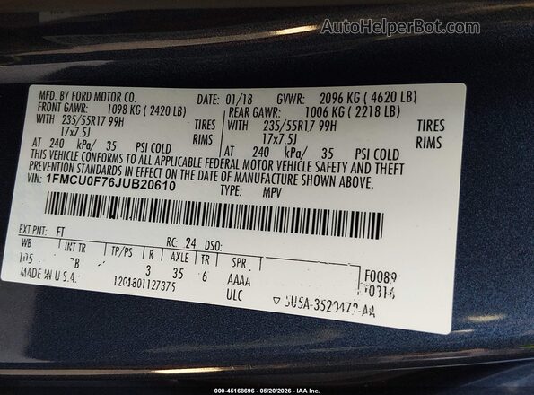 1FMCU0F76JUB20610 2018 FORD ESCAPE Синий Вид подкапотного пространства
