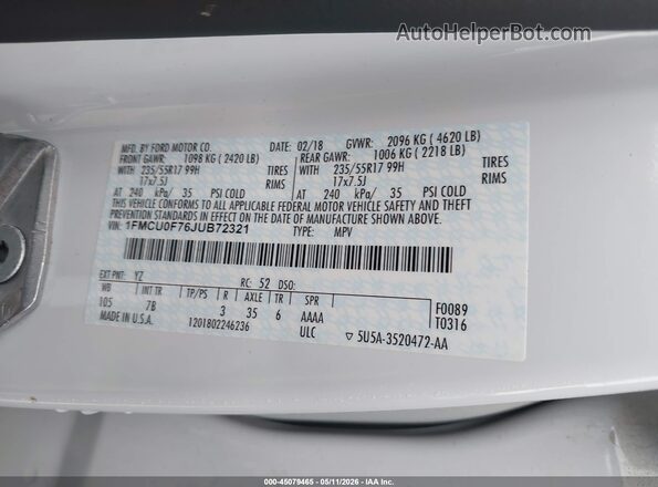 1FMCU0F76JUB72321 2018 FORD ESCAPE White 